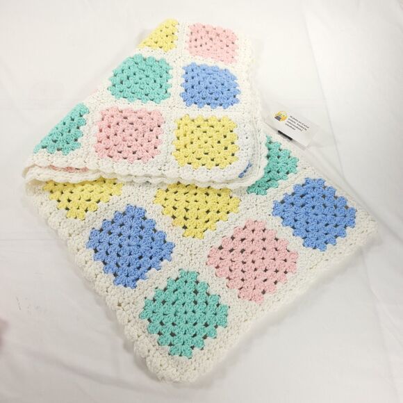 Bundle 2 Handmade Afghan Blanket Crochet Knit Granny Squares 34 x 34 Pastel Pink - Picture 2 of 11